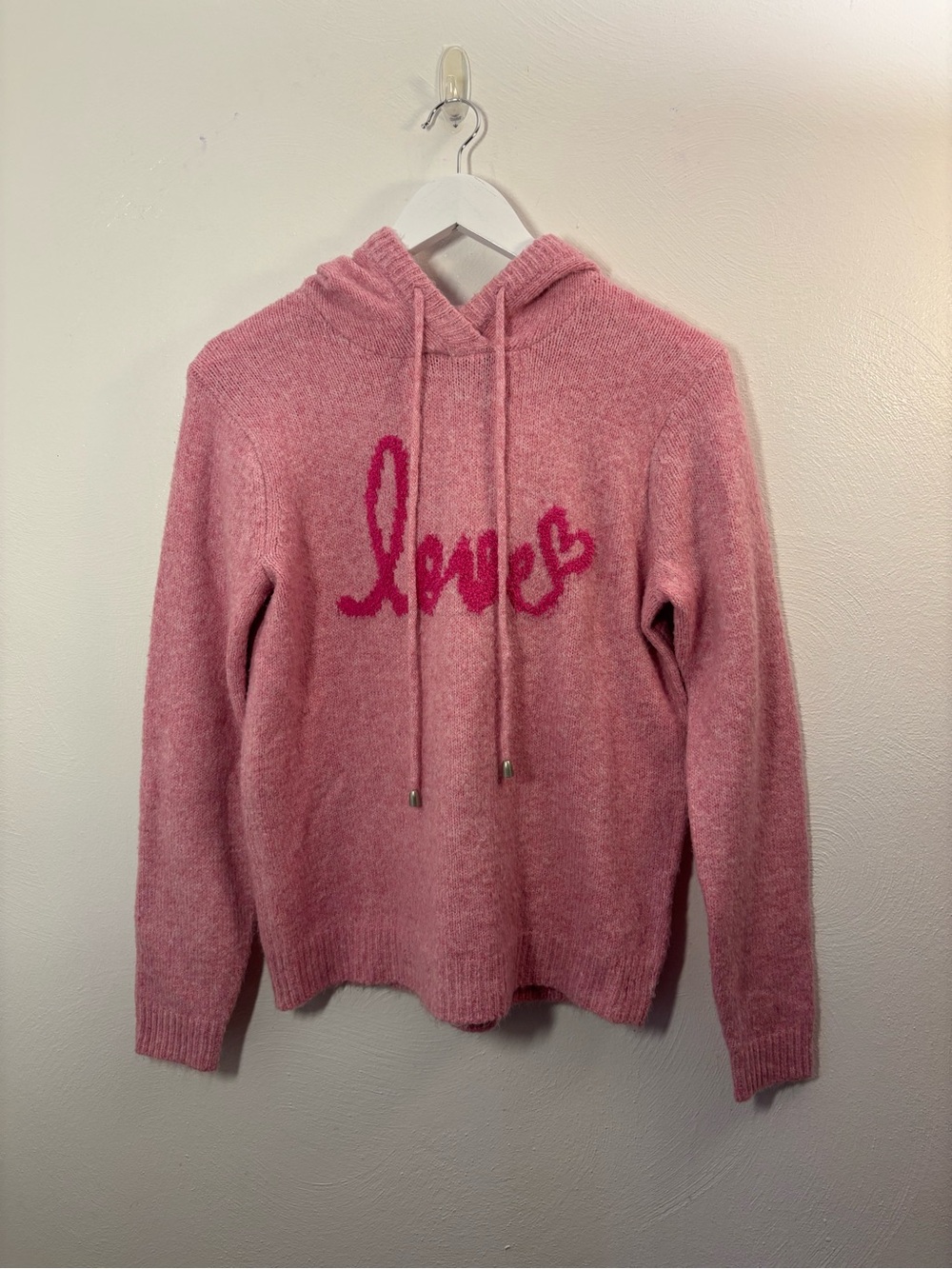 Cupcakes & Cashmere Pink Hooded Knit “Love” Sweater Size Small